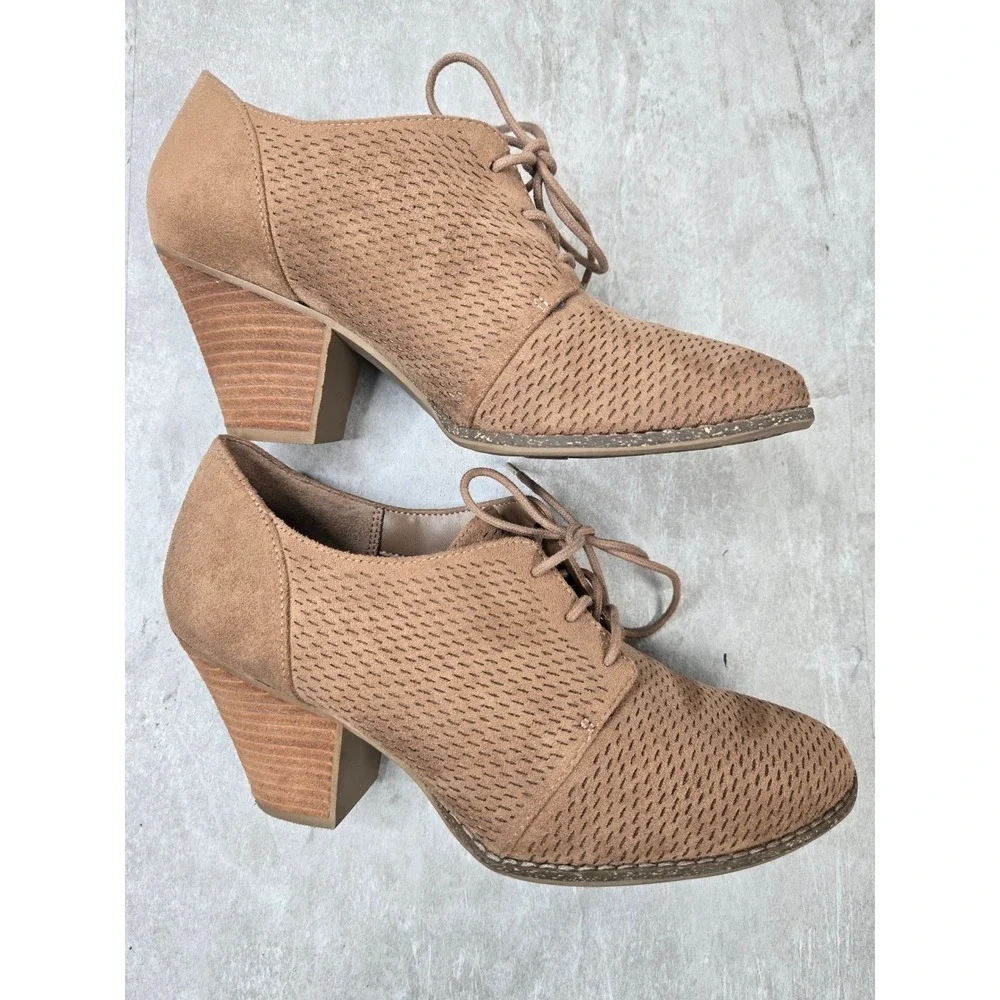 Lace Up Block Heel Oxford Ankle Bootie 8.5 Tan Corduroy Boot Comfort Preppy Twee